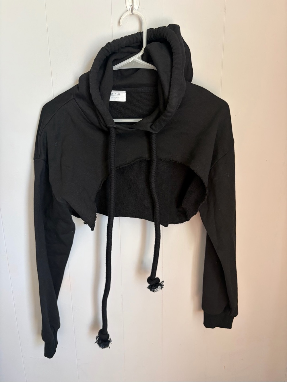 Women's Black Cropped Hoodie with Raw-Hem Drawstrings
